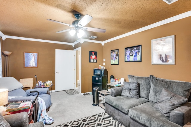 living area with light carpet, ornamental molding, visible vents, and a ceiling fan