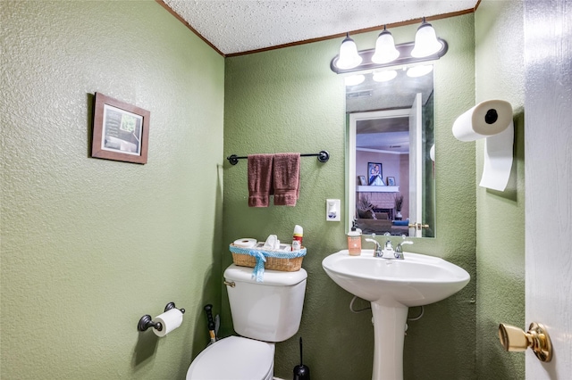 bathroom with toilet, a sink, and a textured wall