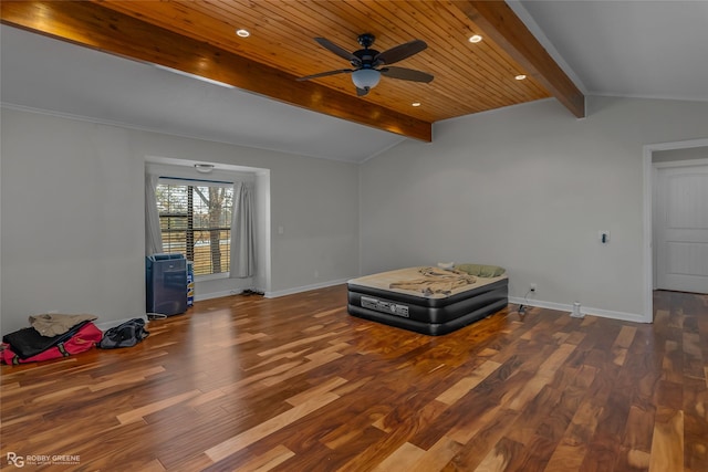 unfurnished room featuring wood-type flooring, lofted ceiling with beams, and wooden ceiling