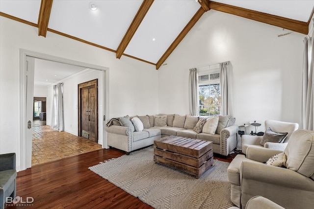 living room with dark wood-type flooring, high vaulted ceiling, beamed ceiling, and plenty of natural light