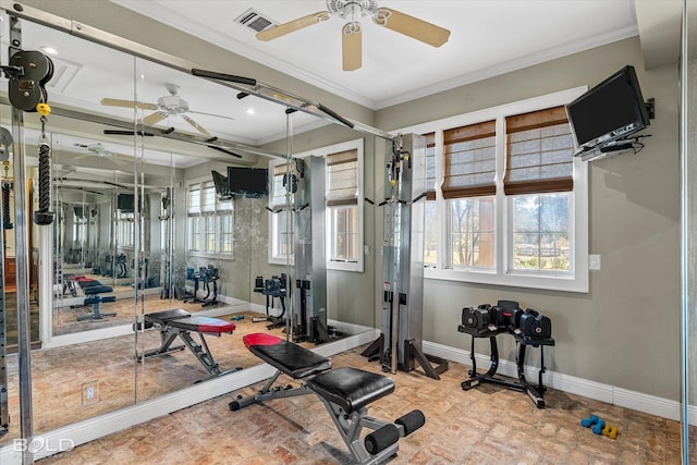 workout room with ceiling fan and crown molding