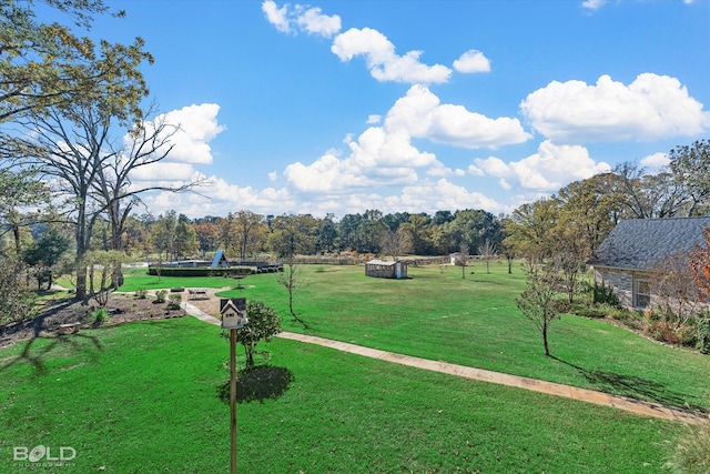 view of community with a lawn and a rural view