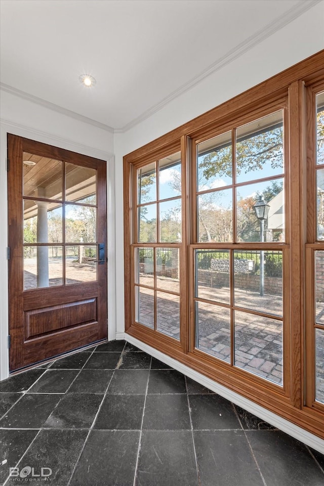 doorway featuring a healthy amount of sunlight and crown molding