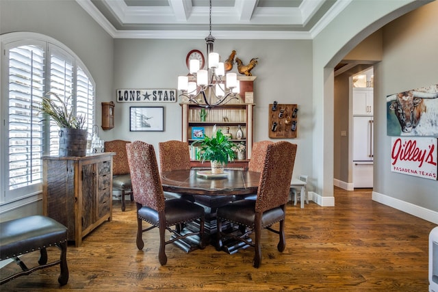 dining space with coffered ceiling, crown molding, beamed ceiling, a notable chandelier, and dark hardwood / wood-style flooring