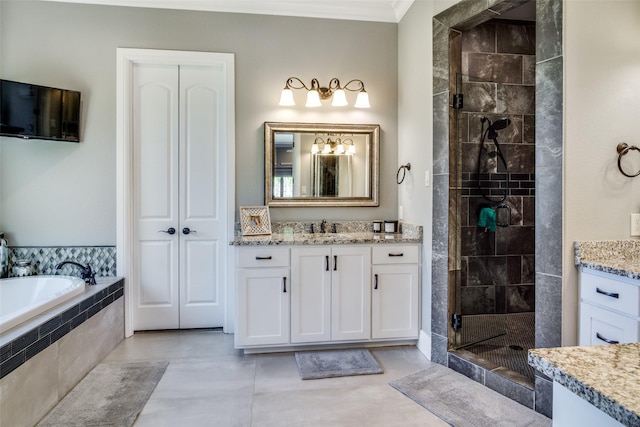 bathroom featuring vanity, crown molding, and plus walk in shower