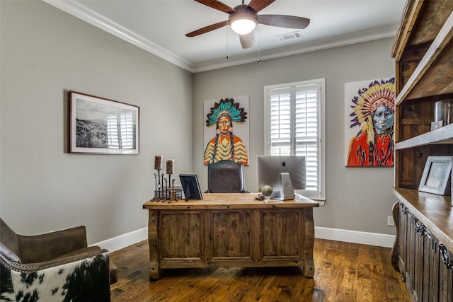 office space with dark hardwood / wood-style flooring, ceiling fan, and ornamental molding