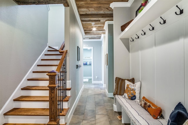 mudroom featuring wood ceiling