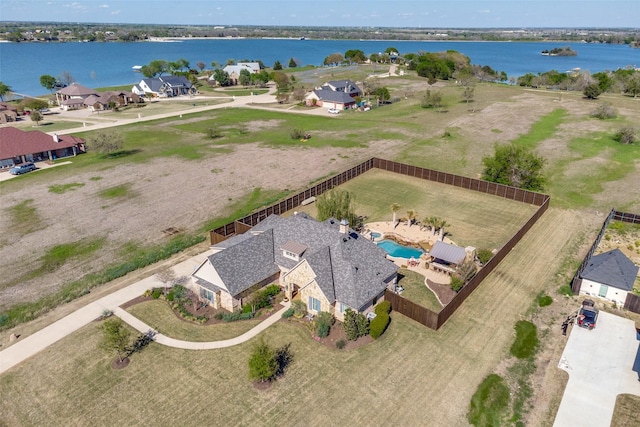 drone / aerial view featuring a water view