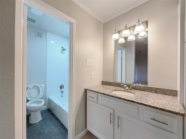 full bathroom featuring tile patterned floors, shower / bathtub combination, vanity, crown molding, and toilet