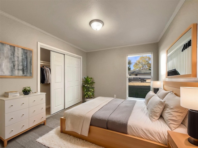 bedroom featuring dark colored carpet, ornamental molding, and a closet