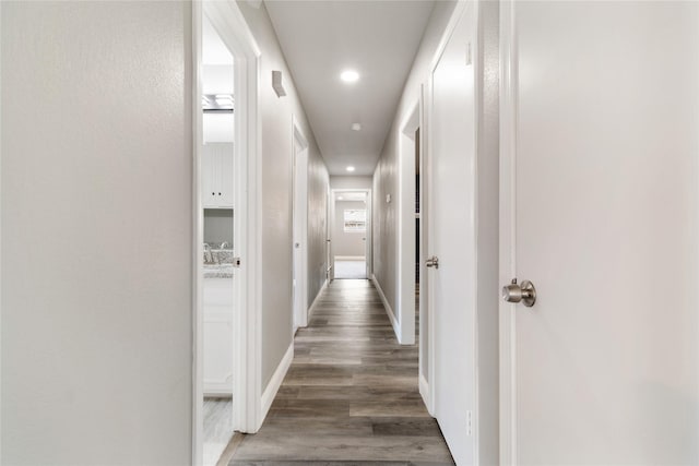 hallway with dark hardwood / wood-style floors