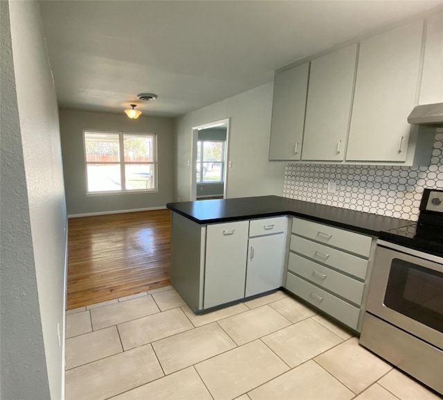 kitchen featuring backsplash, light wood-type flooring, stainless steel range oven, kitchen peninsula, and extractor fan