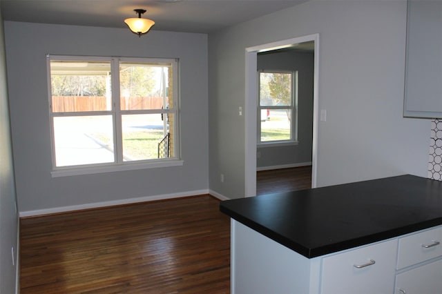 unfurnished dining area with dark wood-type flooring