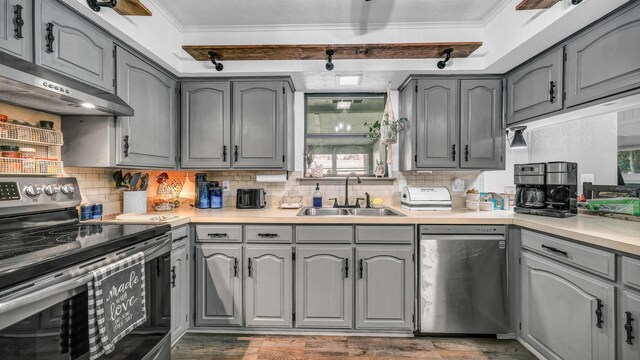 kitchen with sink, backsplash, wood-type flooring, and appliances with stainless steel finishes