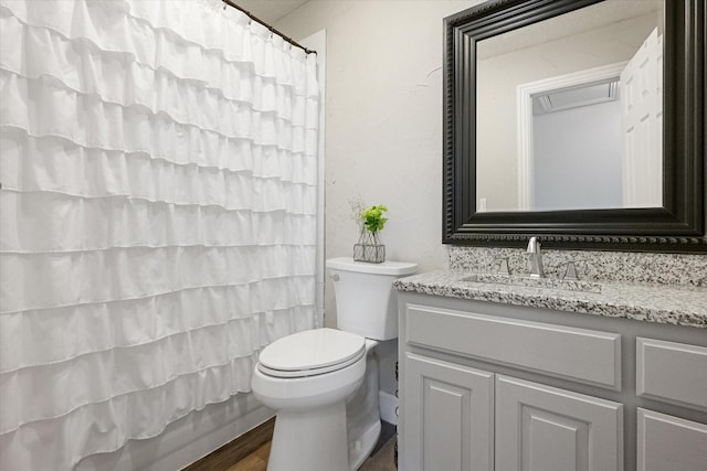 bathroom with vanity, wood-type flooring, and toilet