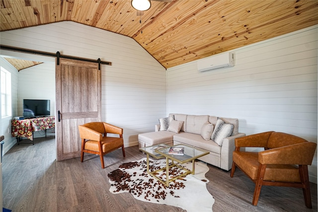 living room with hardwood / wood-style floors, a wall mounted air conditioner, lofted ceiling, wood ceiling, and a barn door