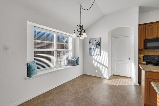 unfurnished dining area with a notable chandelier and vaulted ceiling