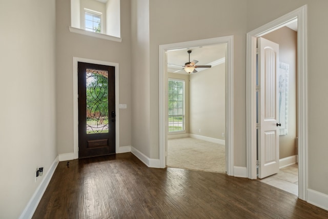 foyer with hardwood / wood-style floors and ceiling fan