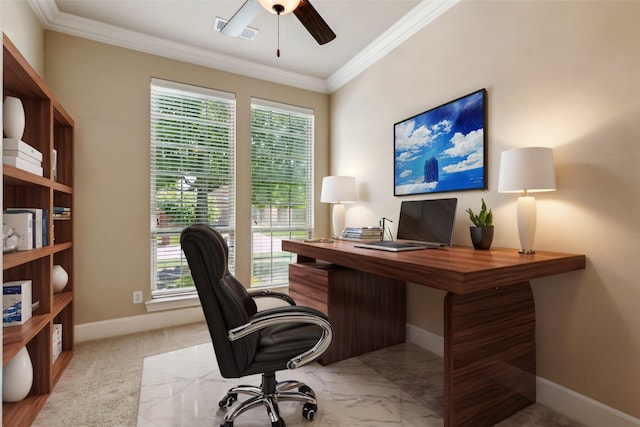 home office featuring ceiling fan, ornamental molding, and a wealth of natural light