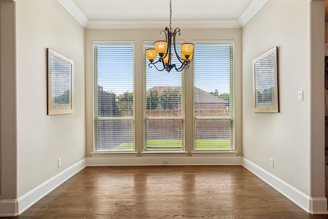 unfurnished dining area with a chandelier, dark hardwood / wood-style floors, and a healthy amount of sunlight