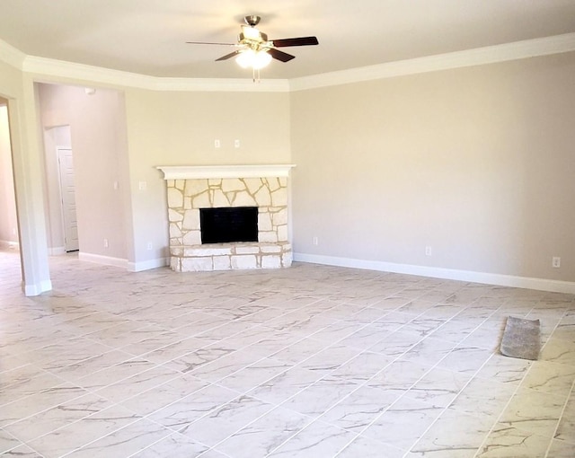 unfurnished living room featuring ceiling fan, ornamental molding, and a stone fireplace