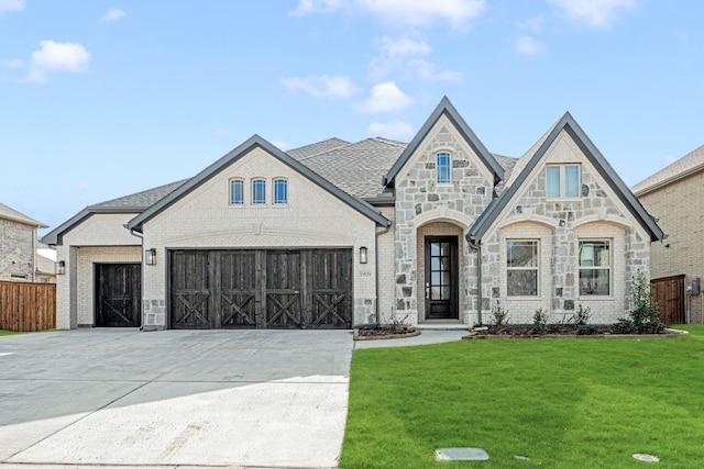 french country inspired facade featuring brick siding, a front yard, fence, a garage, and driveway