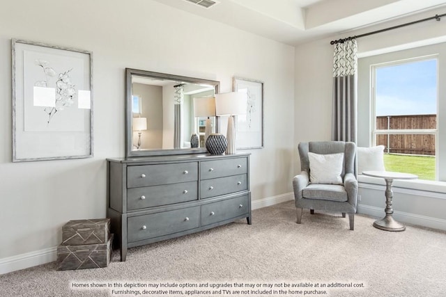 living area featuring plenty of natural light and light colored carpet