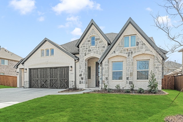 view of front of home with concrete driveway, brick siding, a front yard, and fence