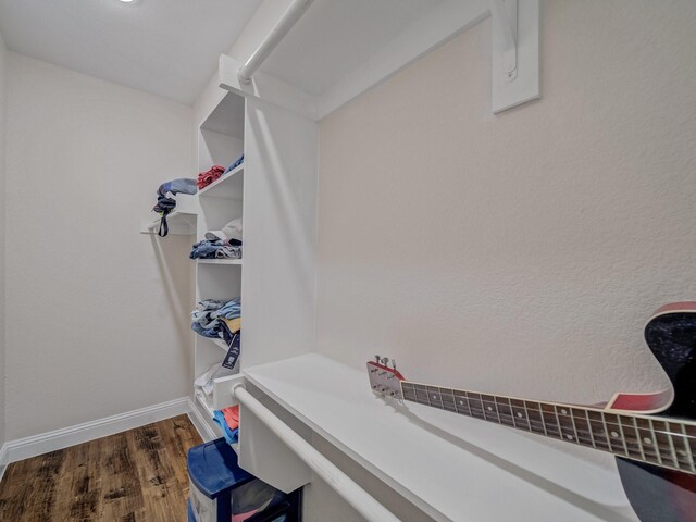 walk in closet with dark wood-type flooring