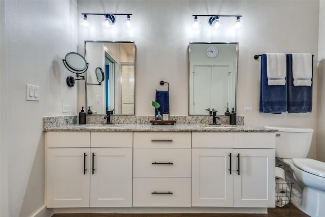 bathroom featuring vanity, toilet, and a shower with door