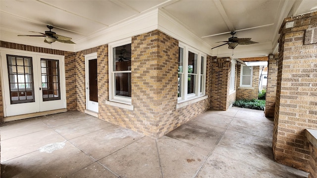 view of patio featuring french doors and ceiling fan