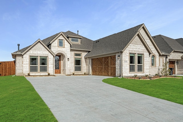 french country style house featuring a garage and a front lawn