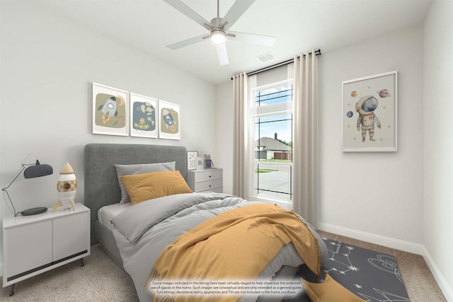 bedroom featuring carpet flooring, access to exterior, and ceiling fan