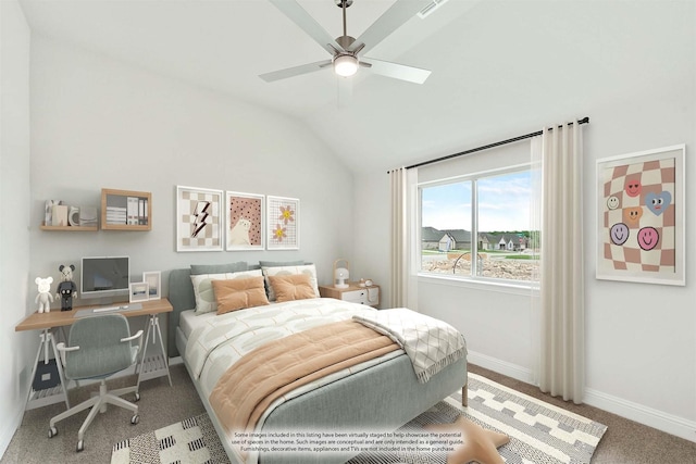 carpeted bedroom featuring ceiling fan and vaulted ceiling