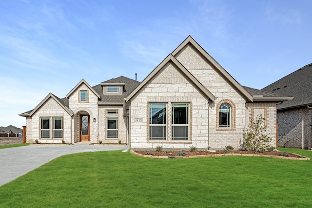 french country inspired facade with a front lawn