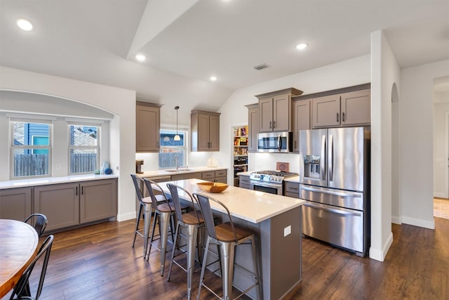 kitchen with decorative light fixtures, dark hardwood / wood-style floors, sink, and stainless steel appliances