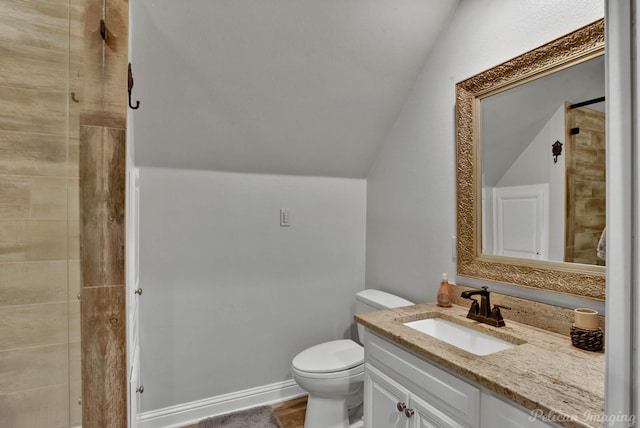 bathroom with vanity, lofted ceiling, and toilet