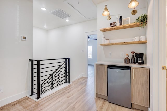 1724 S Hughes Ave, Fort Worth, TX 76105 - indoor dry bar with refrigerator, light wood-style floors, and recessed lighting