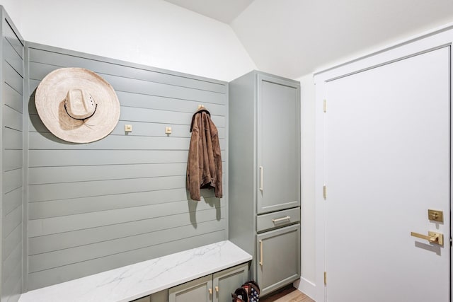 1724 S Hughes Ave, Fort Worth, TX 76105 - mudroom featuring vaulted ceiling and light wood-style floors