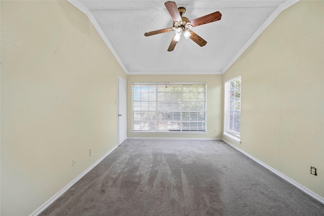 spare room featuring ceiling fan, carpet floors, a textured ceiling, vaulted ceiling, and ornamental molding