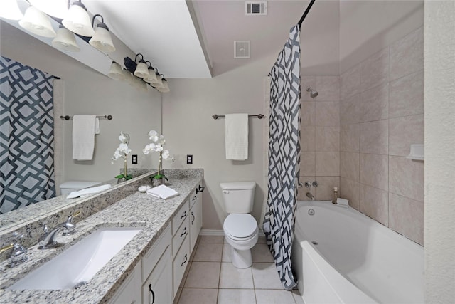 full bathroom with vanity, shower / tub combo, tile patterned flooring, and toilet