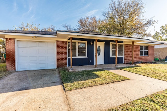 ranch-style house with a front lawn, a porch, and a garage