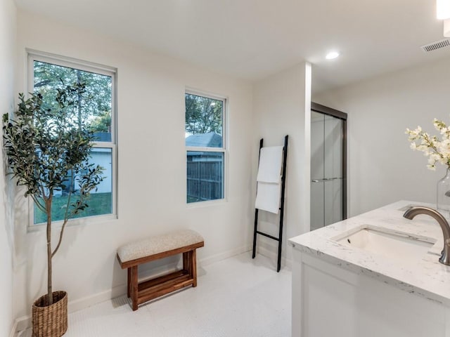 bathroom with an enclosed shower, vanity, and a wealth of natural light