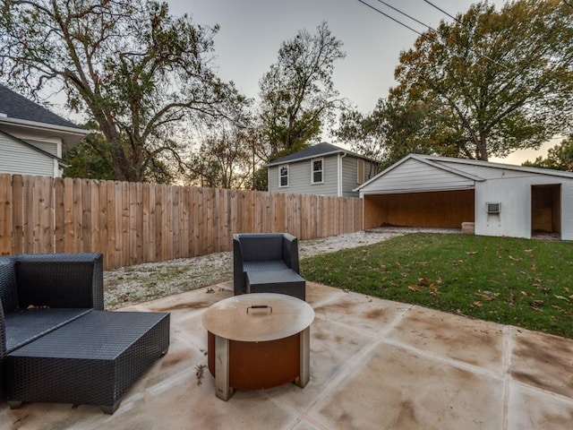 patio terrace at dusk with a yard