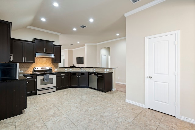 kitchen featuring appliances with stainless steel finishes, tasteful backsplash, ornamental molding, dark brown cabinetry, and sink