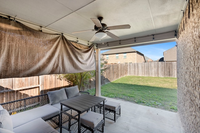 view of patio with ceiling fan and an outdoor hangout area