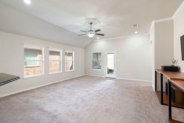 unfurnished living room featuring light carpet, ceiling fan, lofted ceiling, and ornamental molding