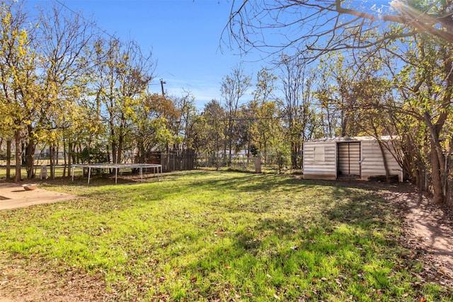 view of yard with a shed and a trampoline