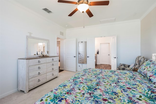 carpeted bedroom featuring crown molding and ceiling fan