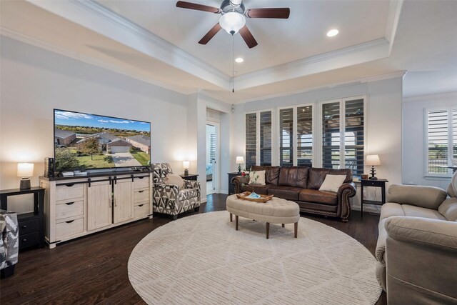 living room featuring a tray ceiling, crown molding, ceiling fan, and dark hardwood / wood-style floors